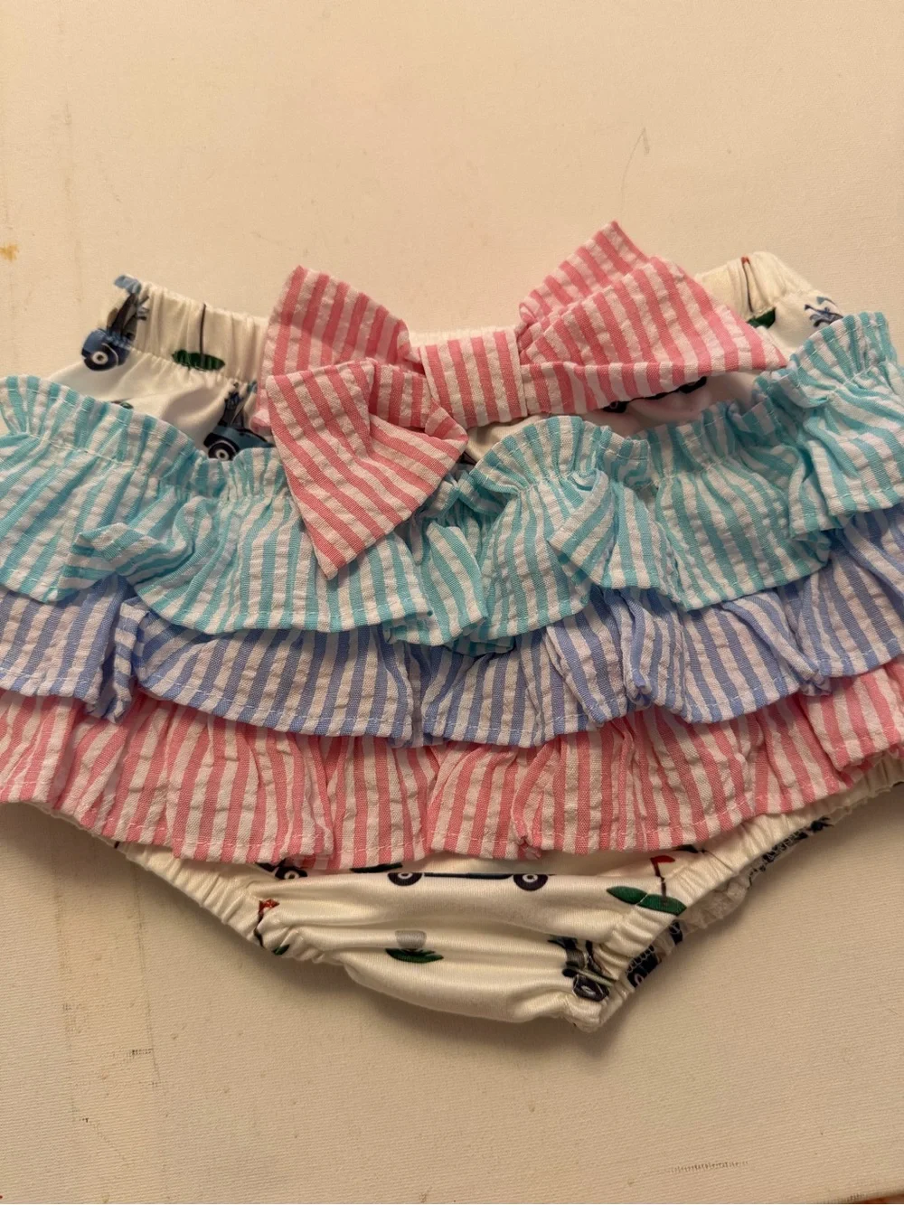 Girls Pink Striped Ruffle Two-Piece Set with Car Applique